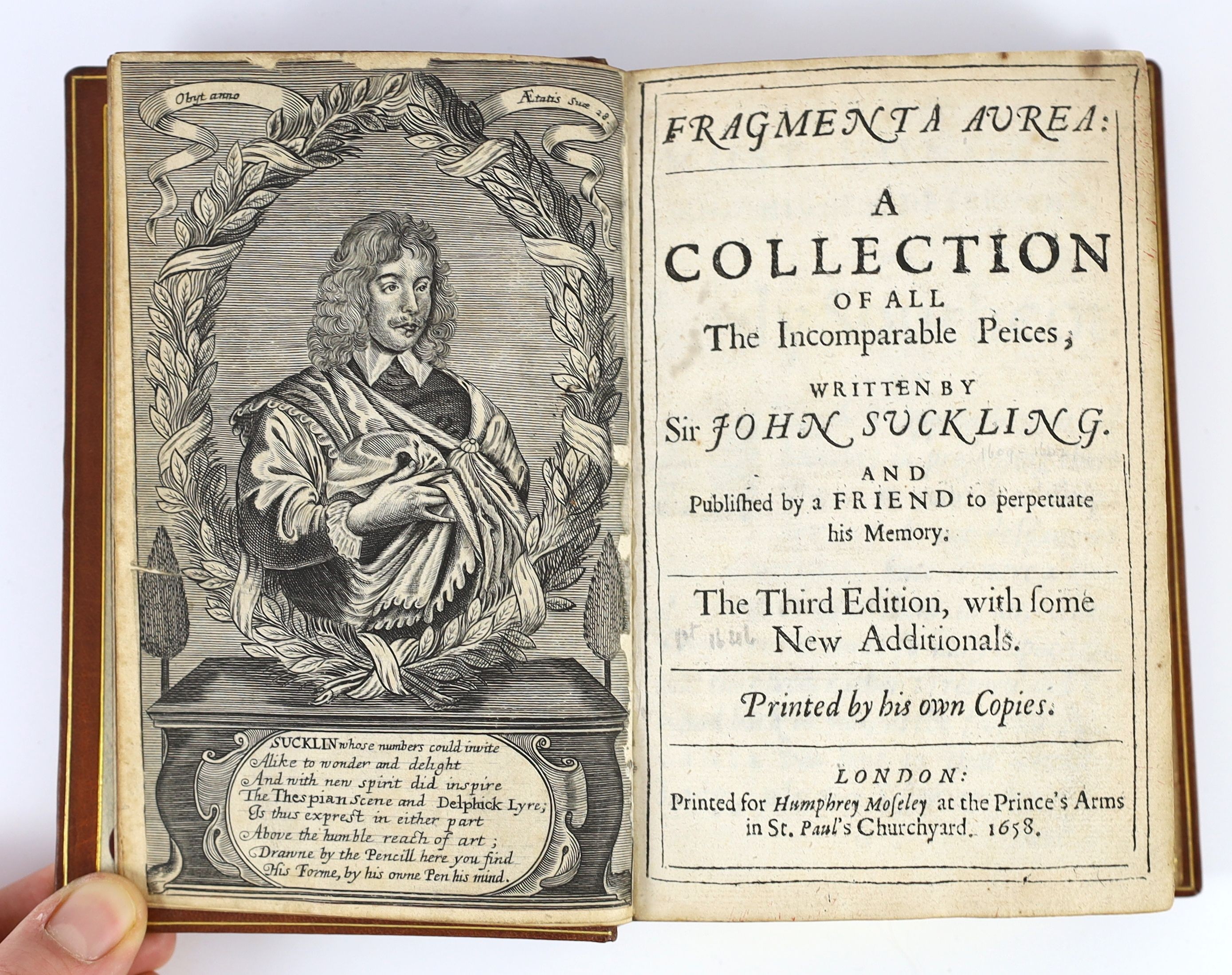 Suckling, John, Sir - Works. ‘’Fragmenta Aurea. A Collection of All Incomparable Pieces…..’’, 3rd edition, 5 parts in 1 vol, 8vo, rebound calf by Sangorski and Sutcliffe, with engraved portrait, Humphrey Moseley, London,